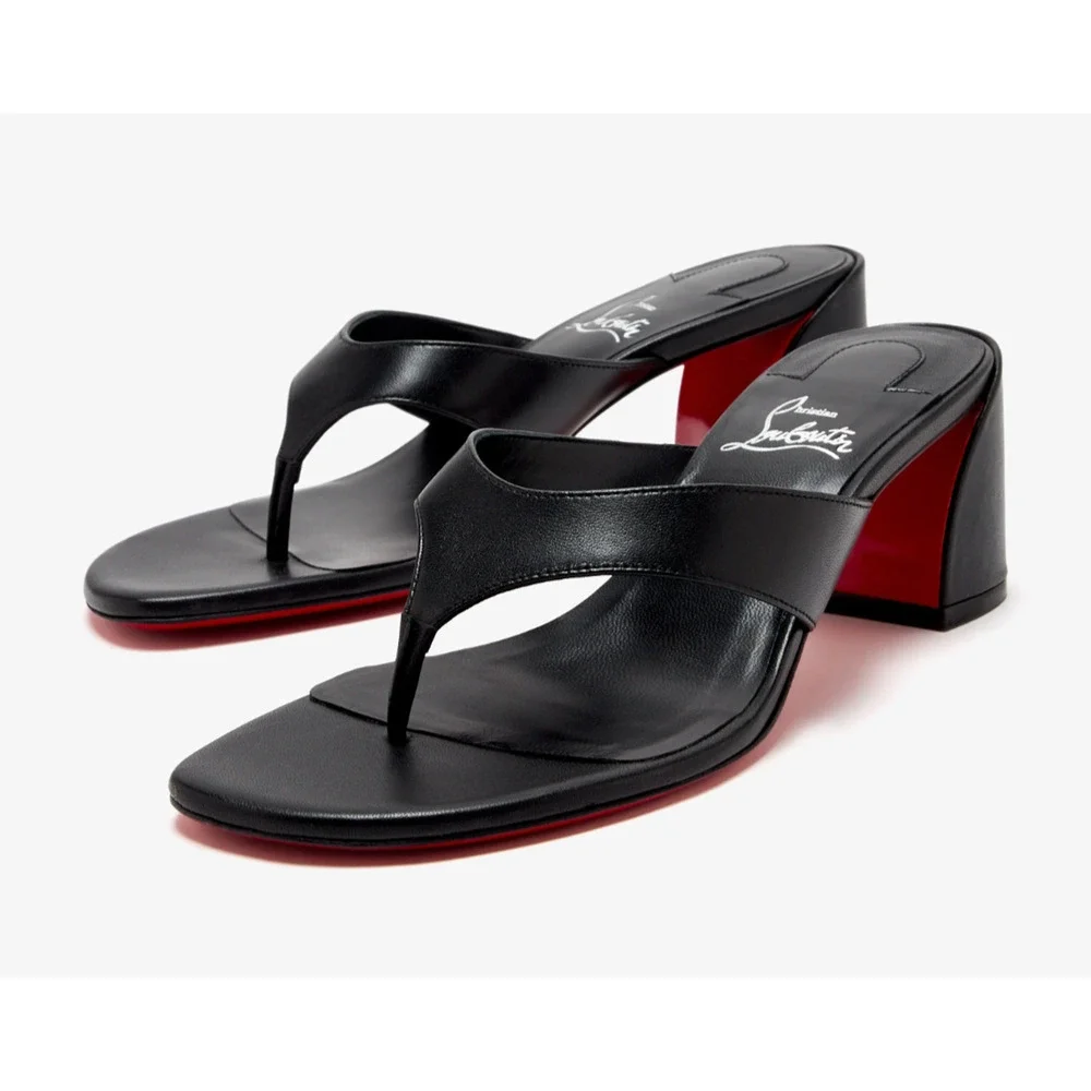 Christian Louboutin Janetonga 55 Black Leather Mule Thong Block Heel Sandal 37